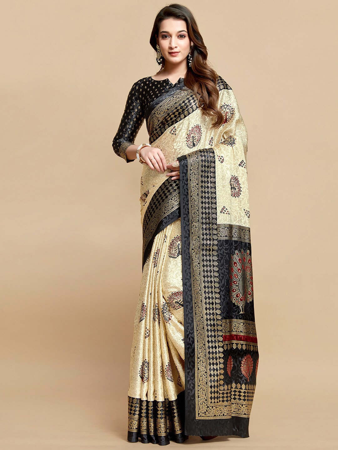 

Mitera Ethnic Motifs Printed Satin Saree, Cream