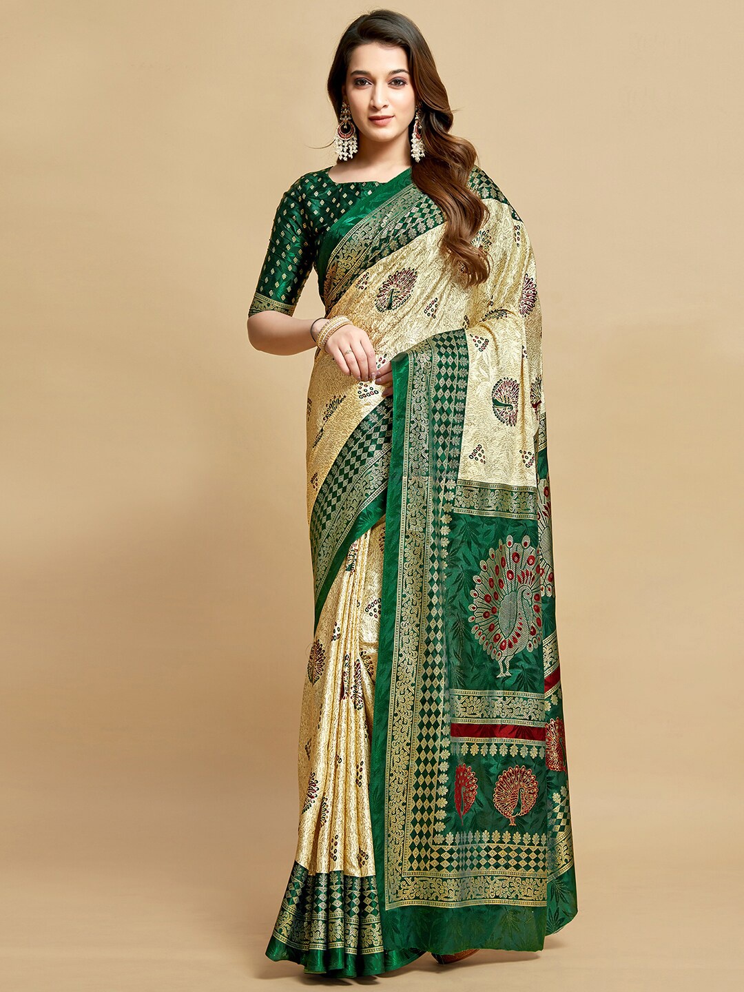 

Mitera Ethnic Motifs Printed Satin Saree, Cream