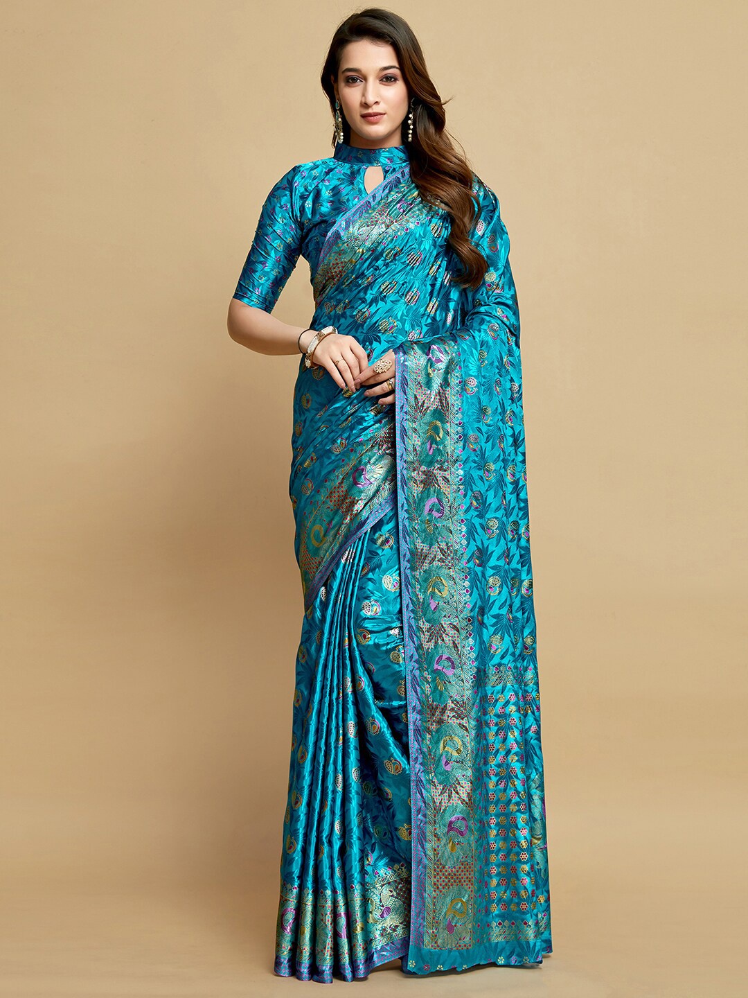 

Mitera Floral Printed Satin Saree, Blue