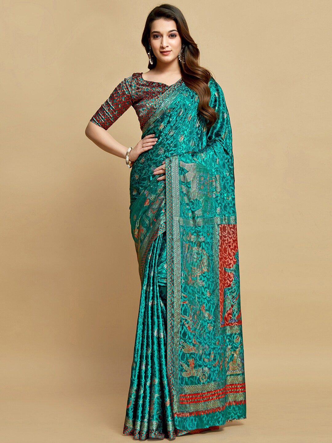 

Mitera Floral Woven Design Satin Saree, Green