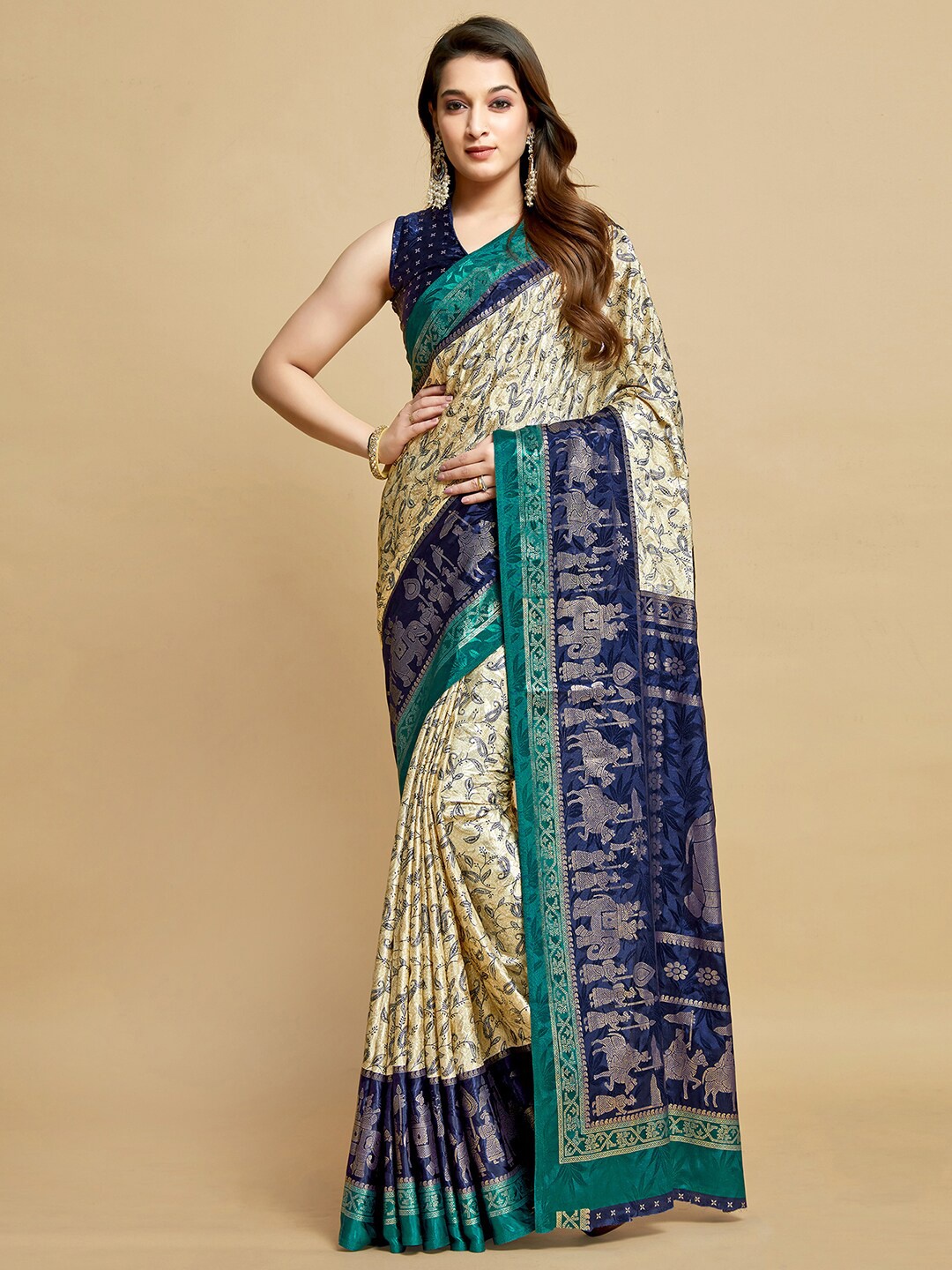 

Mitera Ethnic Motifs Printed Zari Satin Saree, Cream