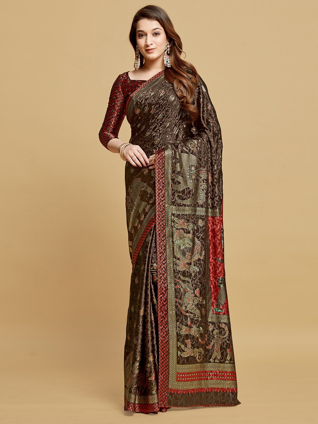 

Mitera Ethnic Motifs Printed Satin Saree, Brown