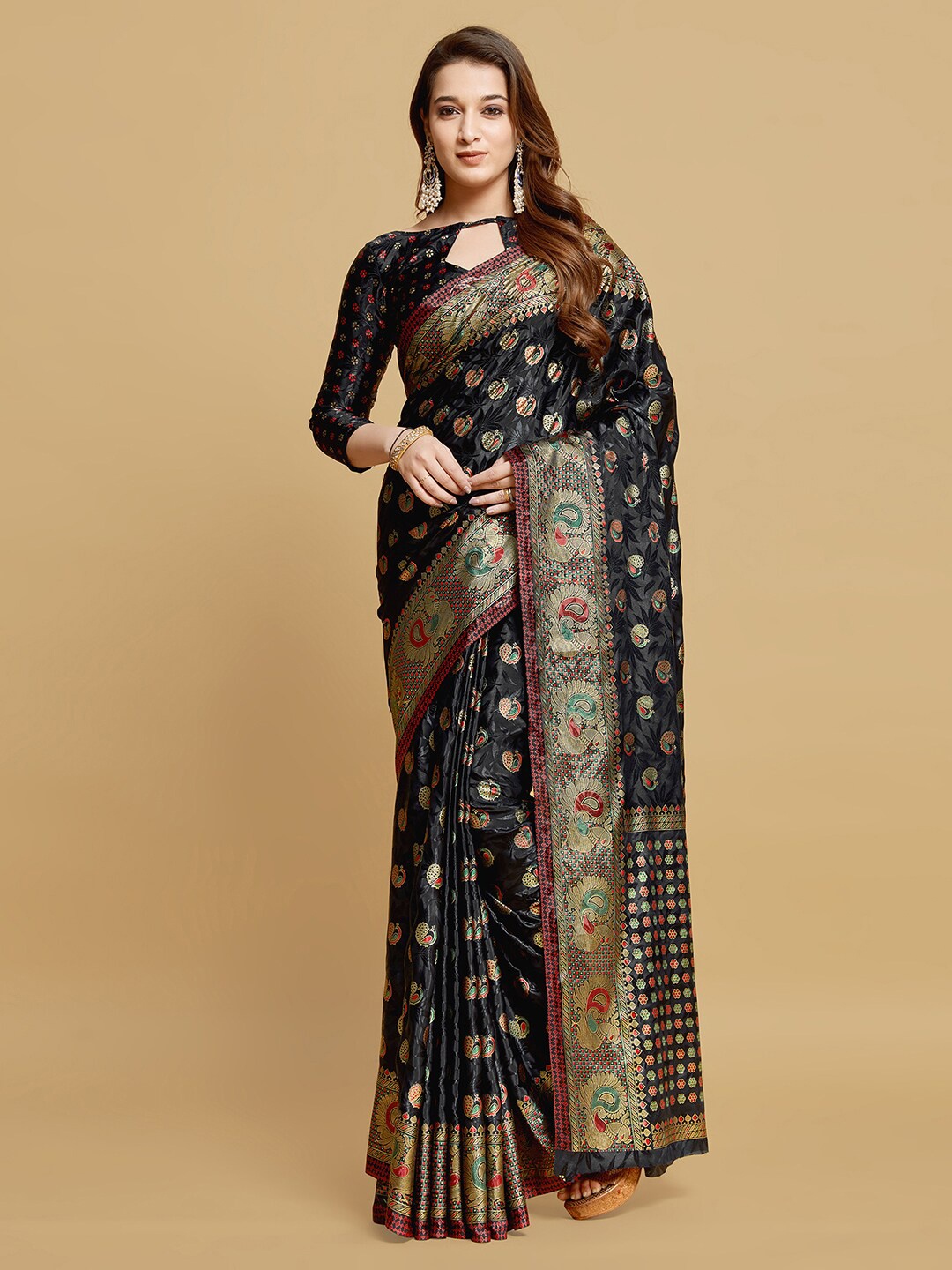 

Mitera Ethnic Motifs Printed Satin Saree, Black