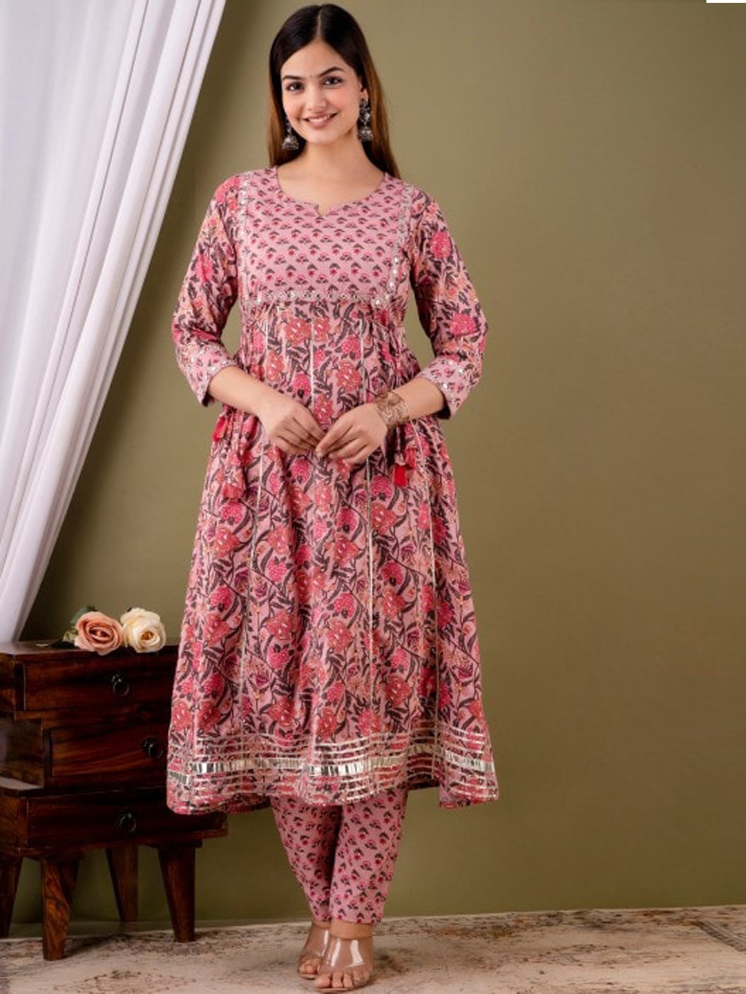

KALINI Floral Printed Panelled Mirror Work Pure Cotton Kurta with Trousers, Pink