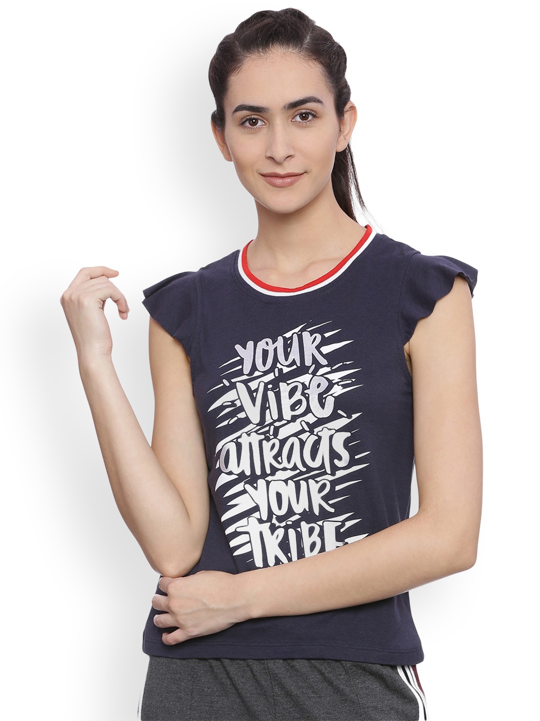 

Slumber Jill Women Navy Blue Printed Round Neck T-shirt