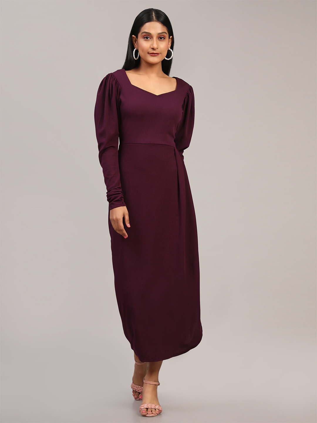 

Ekta Textiles V-Neck Puff Sleeves Cotton Lycra Sheath Maxi Dress, Burgundy