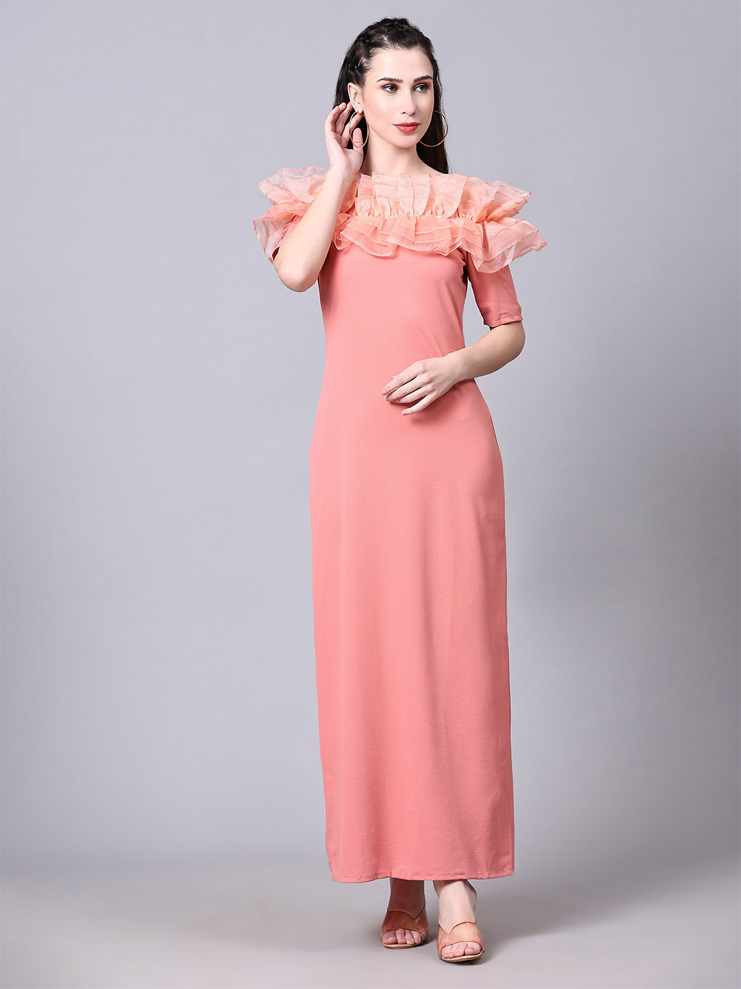 

Ekta Textiles Ruffled Off-Shoulder Maxi Dress, Peach