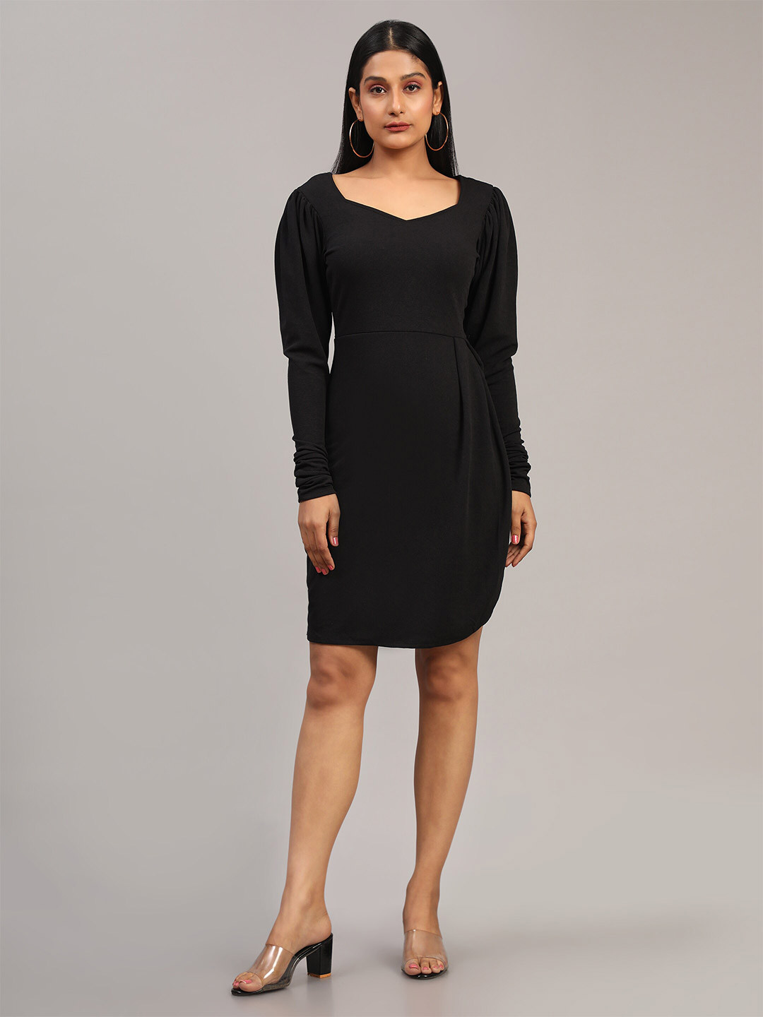 

Ekta Textiles V-Neck Puff Sleeves Cotton Lycra Sheath Dress, Black