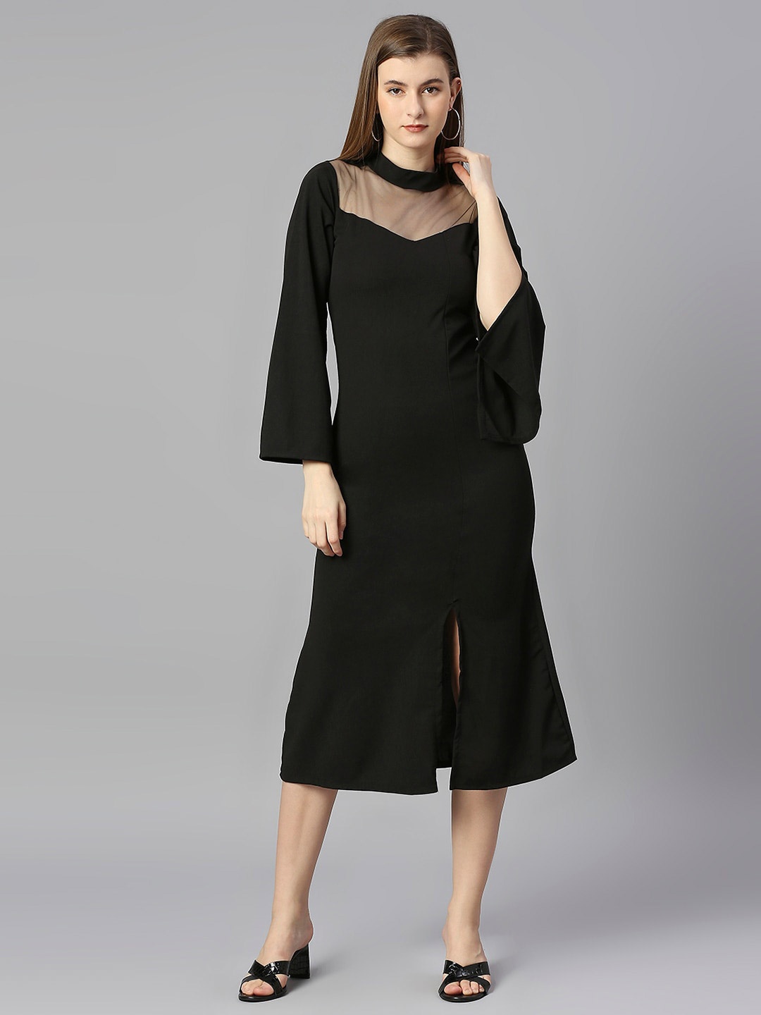

Ekta Textiles Slit Sleeves Semi Sheer A-Line Cotton Lycra Midi Dress, Black