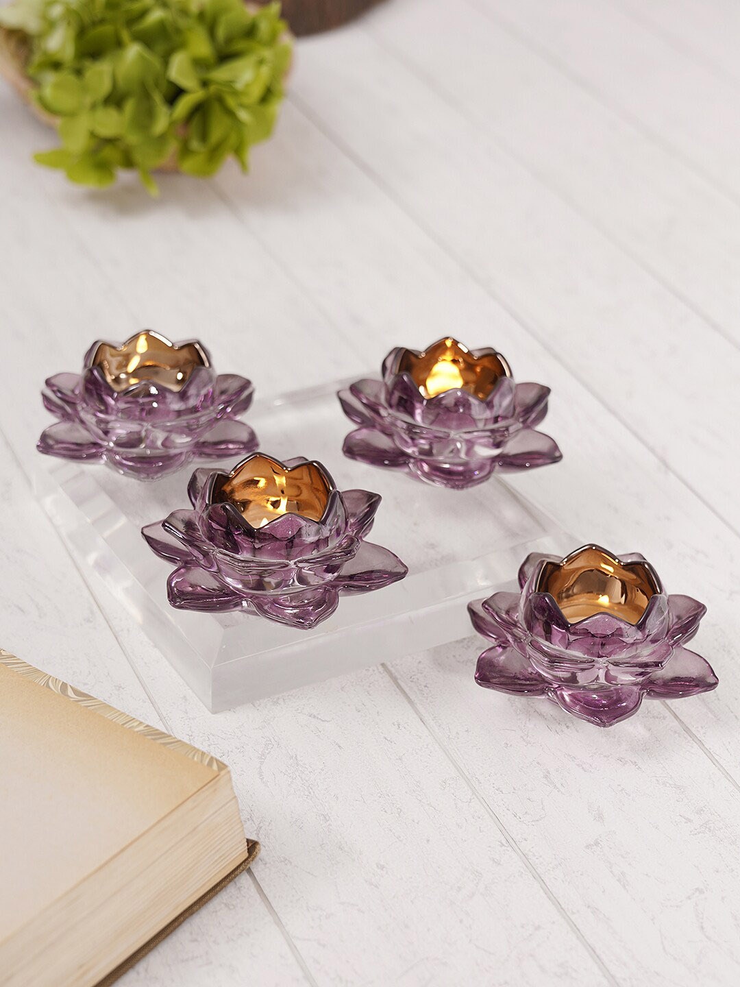 

Pure Home and Living Purple 4 Pcs Lotus Shape Glass Tealight Holders