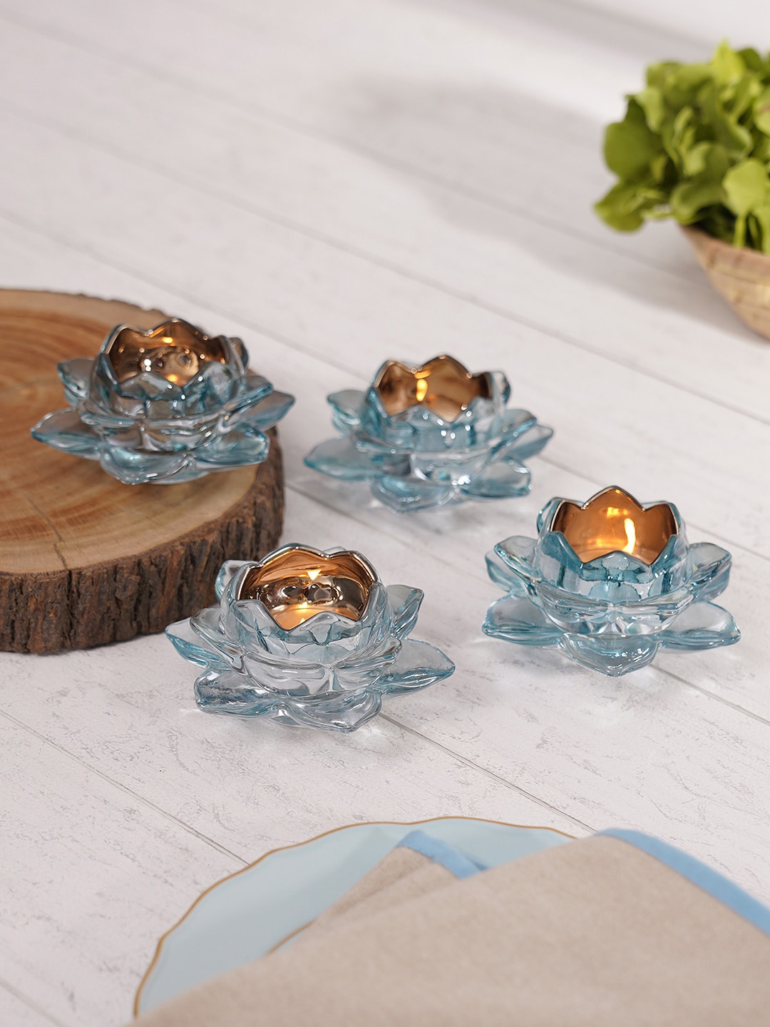 

Pure Home and Living Blue 4 Pcs Lotus Shape Glass Tealight Holders