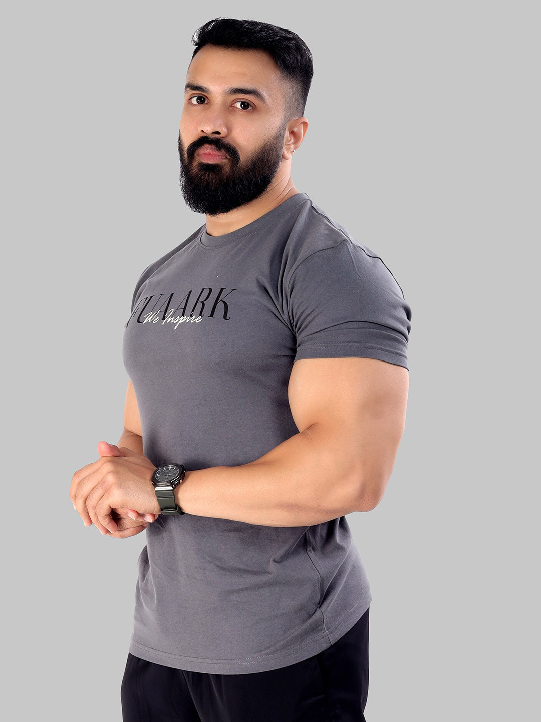 

FUAARK Typography Printed Anti Odour Slim Fit Training or Gym CottonT-shirt, Grey