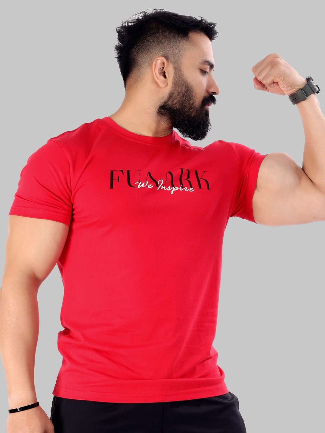 

FUAARK Typography Printed Anti Odour Slim Fit Pure CottonT-shirt, Red