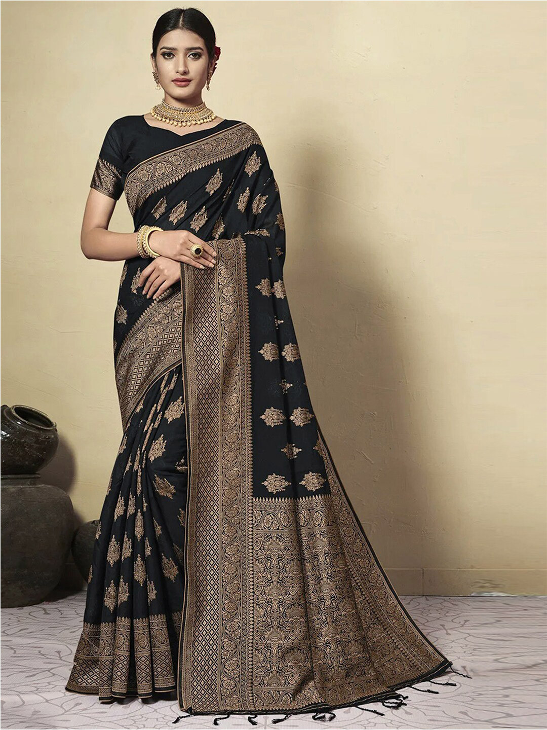 

Satrani Woven Design Zari Banarasi Saree, Black