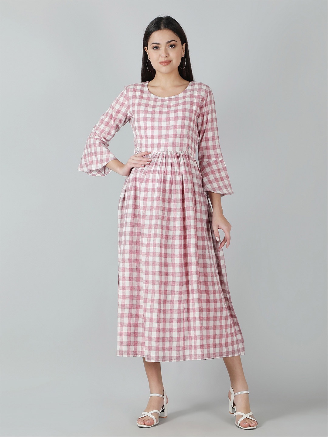 

misbis Bell Sleeves Checked Maternity Midi Cotton Dress, Purple