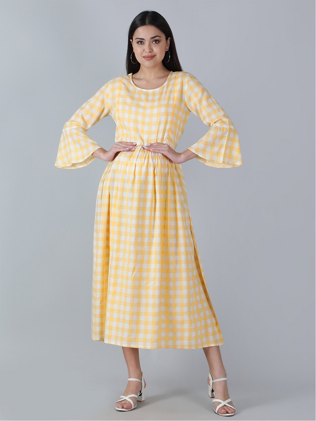 

misbis Checked Bell Sleeves Maternity Cotton Midi Dress, Yellow