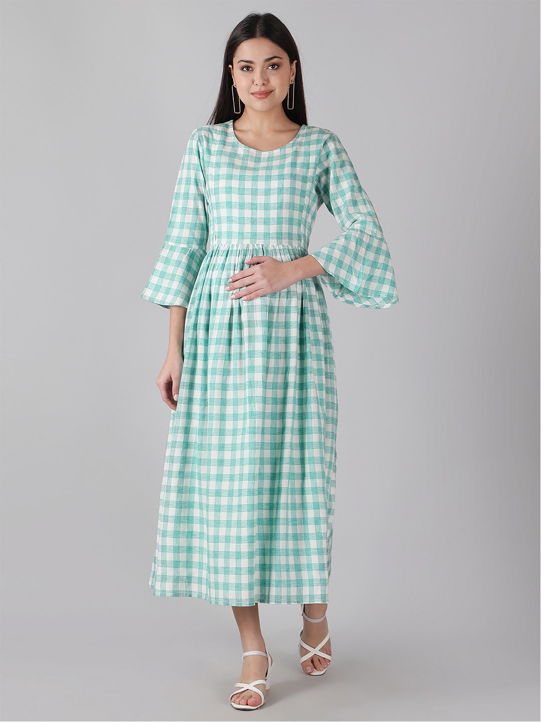 

misbis Bell Sleeves Checked Maternity Midi Dress, Green