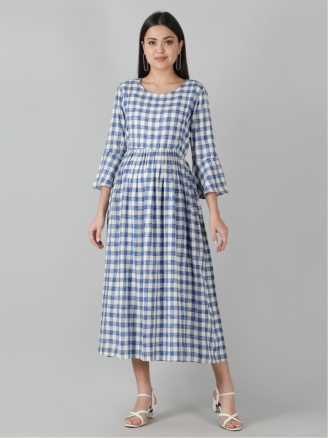 

misbis Bell Sleeves Fit & Flare Checked Maternity Midi Dress, Blue