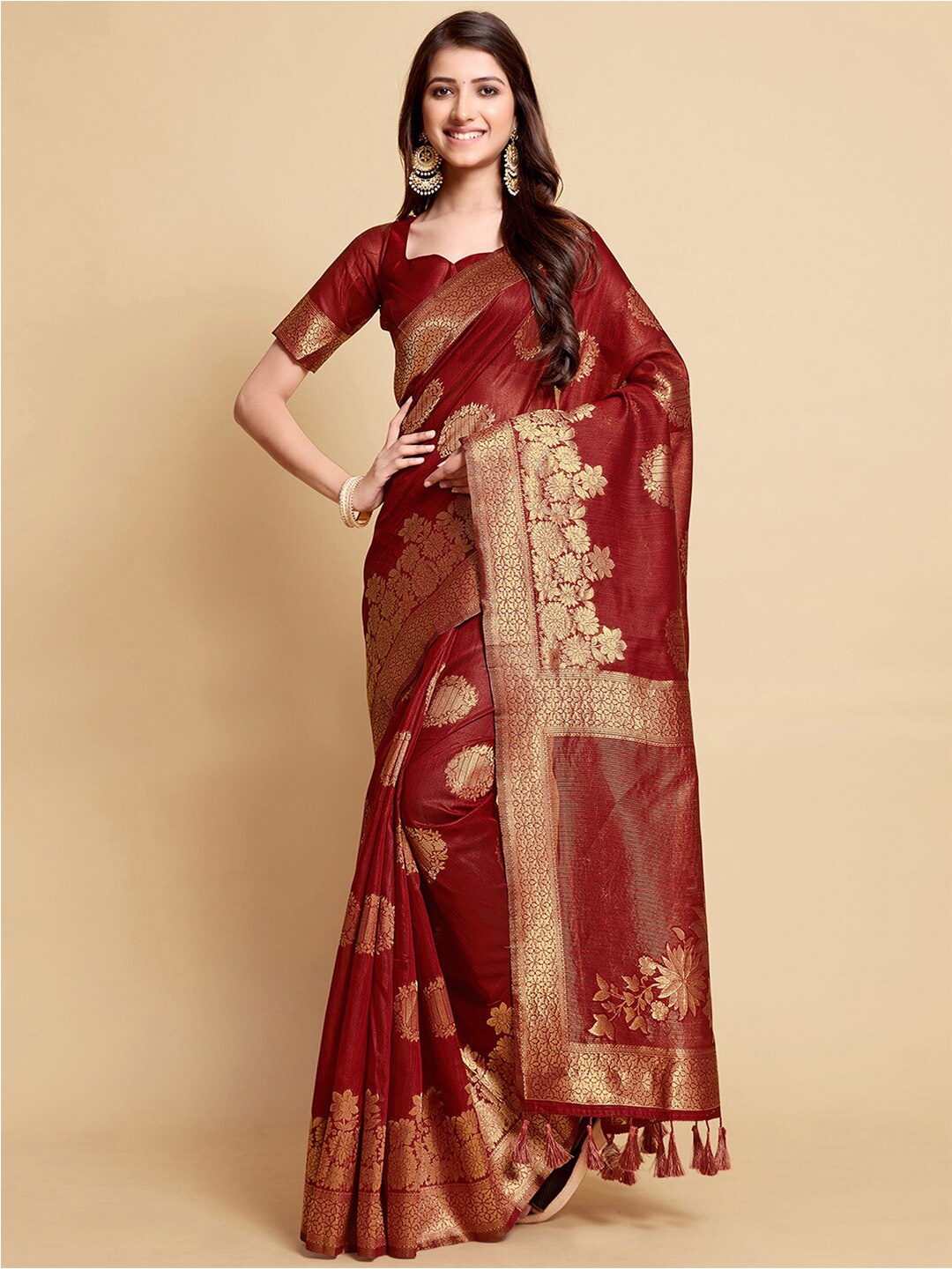 

Mitera Floral Woven Zari Linen Blend Banarasi Saree, Maroon