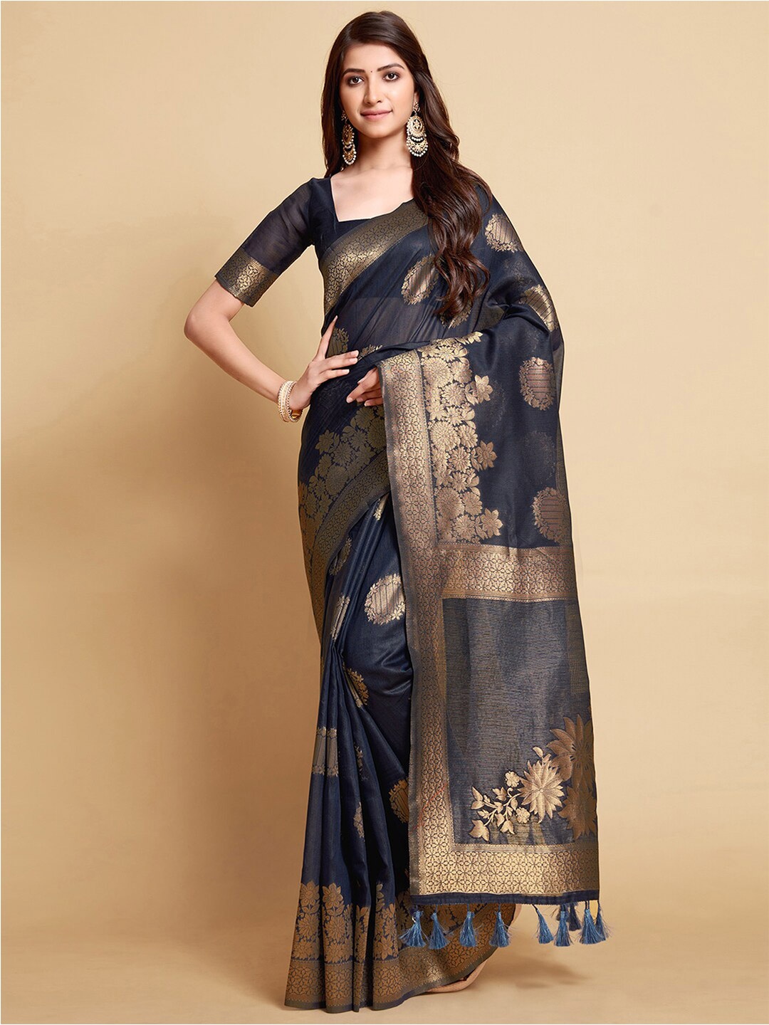 

Mitera Floral Woven Zari Linen Blend Banarasi Saree, Grey