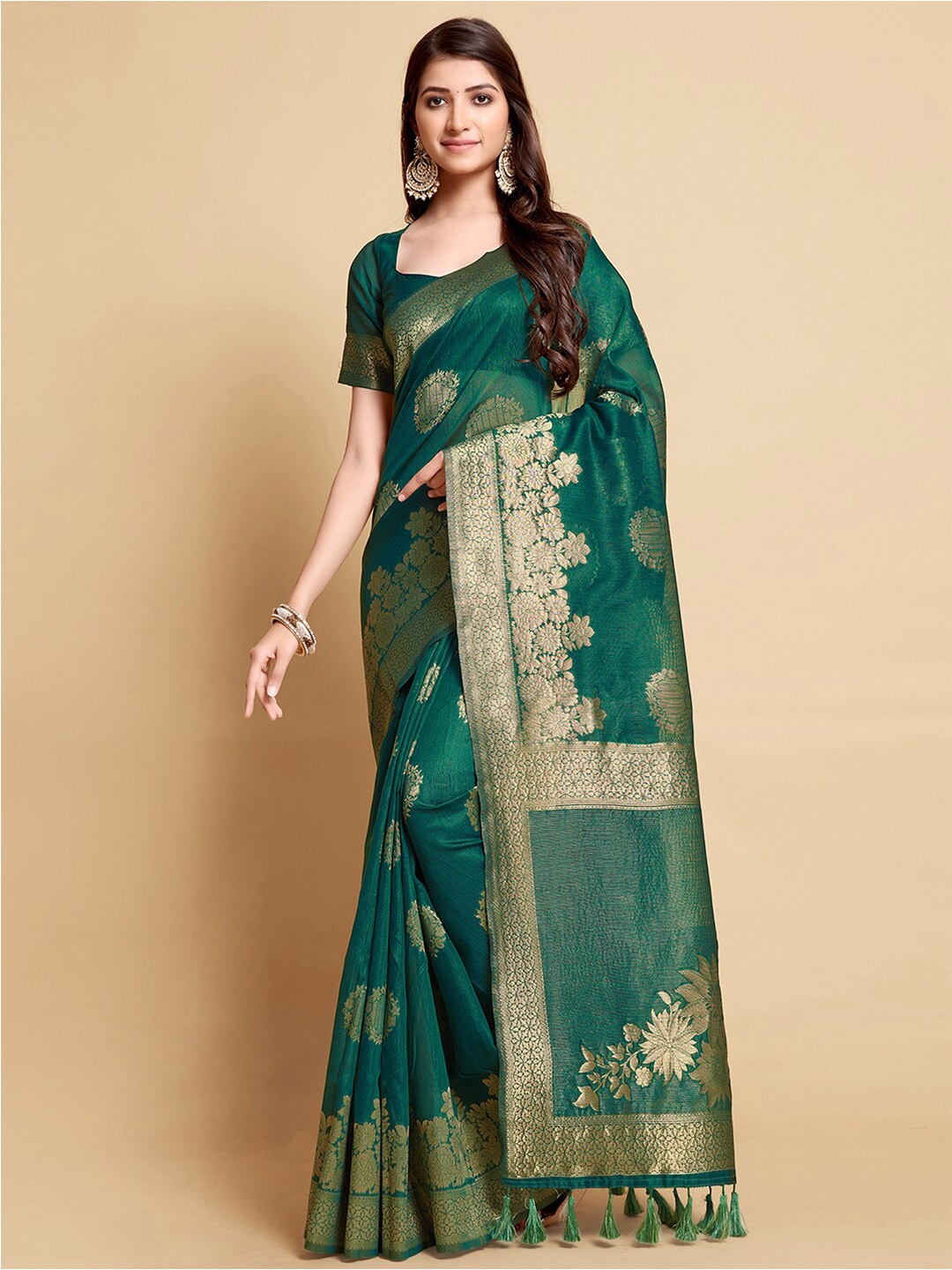 

Mitera Floral Woven Zari Linen Blend Banarasi Saree, Green