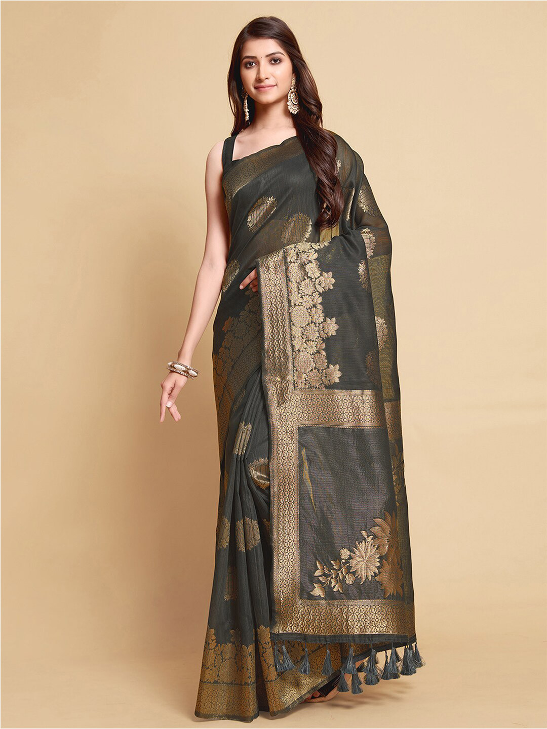 

Mitera Floral Woven Zari Linen Blend Banarasi Saree, Olive