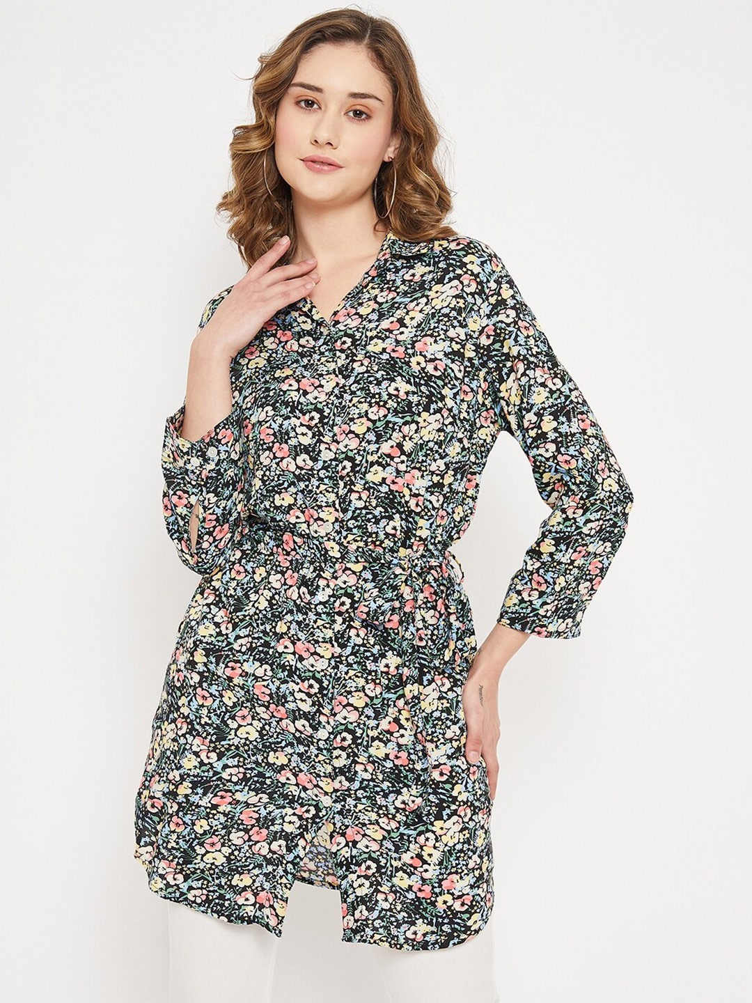 

Cantabil Shirt Collar Printed Tunic, Black