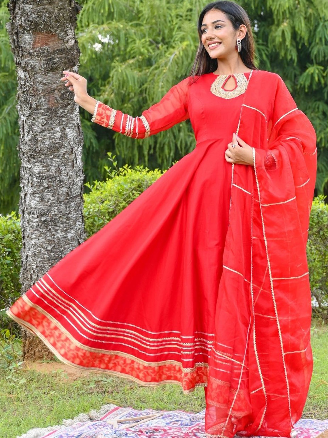 

HOUSE OF JAMOTI Gotta Patti Pure Cotton Kurta with Trousers & Dupatta, Red