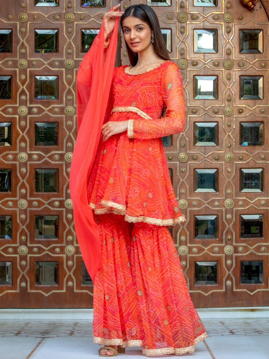 

HOUSE OF JAMOTI Bandhani Printed Gotta Patti Kurta With Sharara & Dupatta, Orange