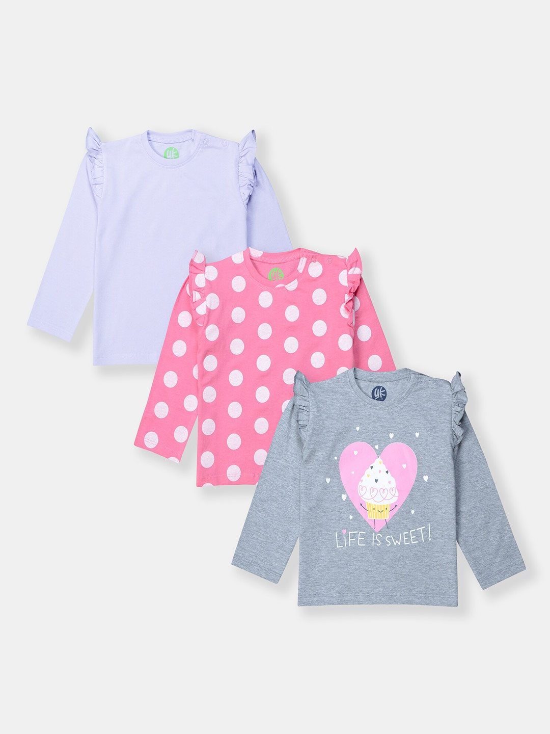 

YK Infant Girls Pack Of 3 Polka Dot Printed Pure Cotton T-shirt, Lavender