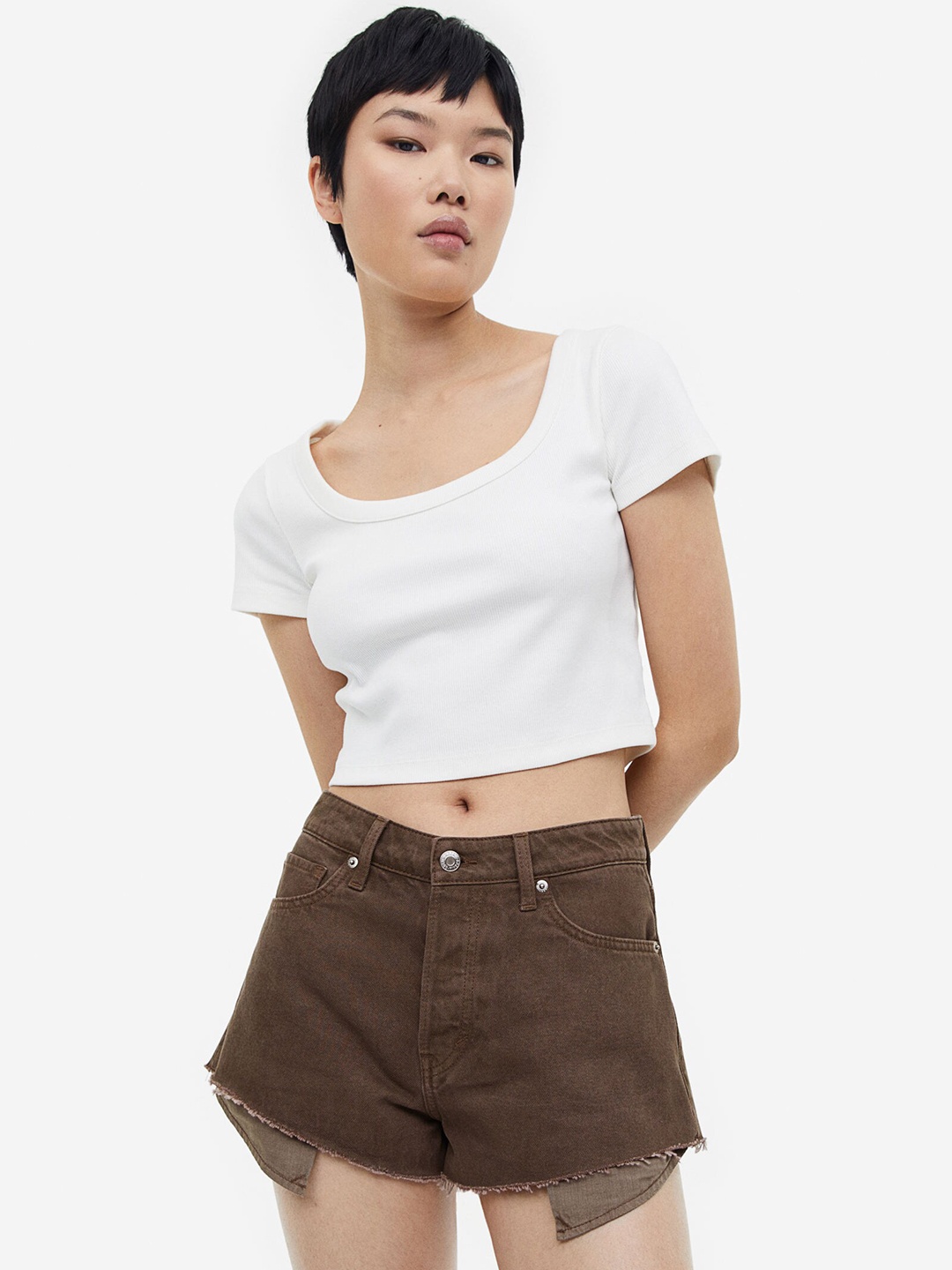 

H&M Curvy Fit Denim Shorts, Brown