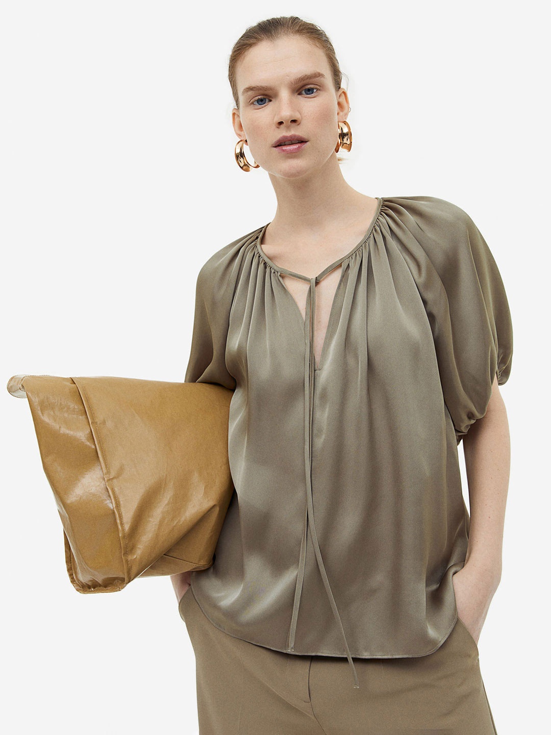 

H&M Oversized Tie-Top Blouse, Green
