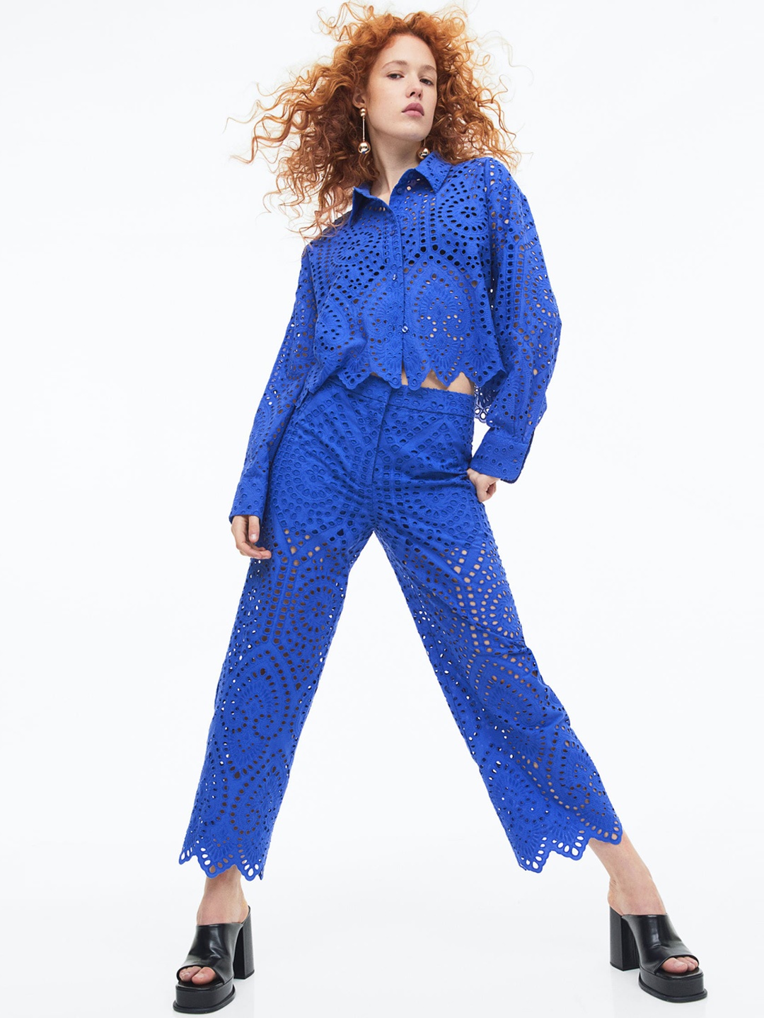

H&M Women Pure Cotton Broderie Anglaise Trousers, Blue