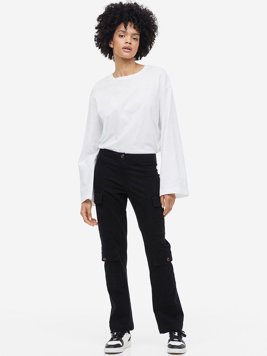 

H&M Women Cotton Twill Cargo Trousers, Black
