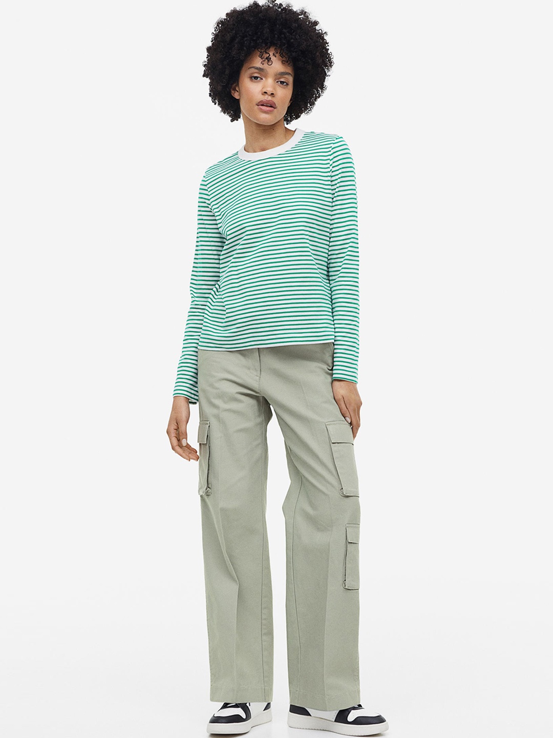 

H&M Women Pure Cotton Straight Cargo Trousers, Green
