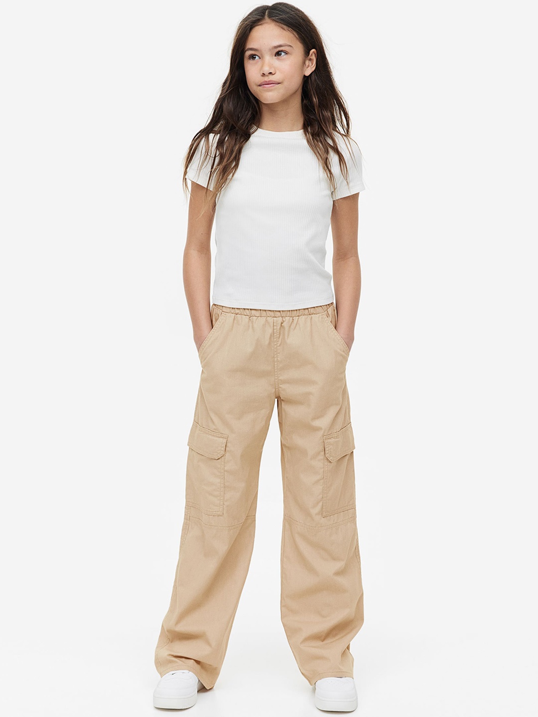 

H&M Girls Pure Cotton Wide Cargo Trousers, Beige