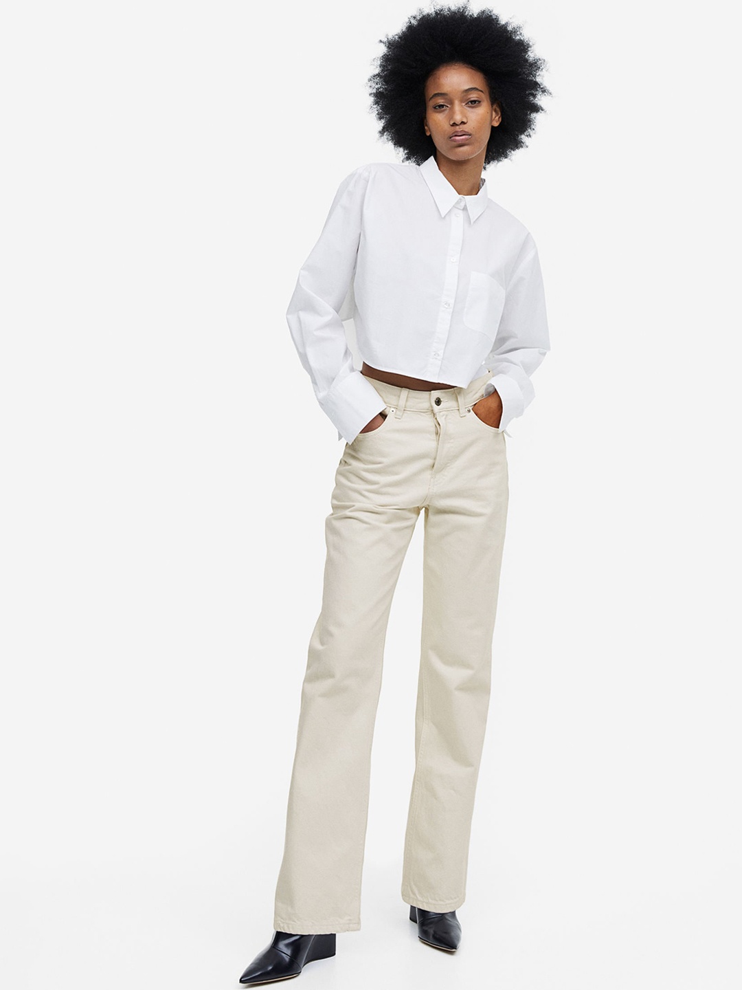

H&M Women Pure Cotton Straight High Jeans, Beige
