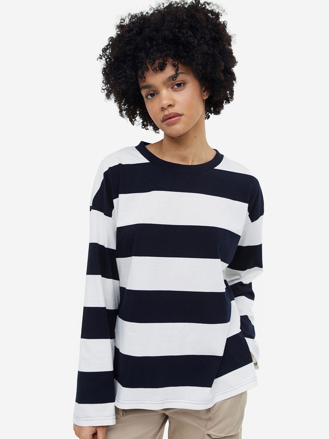 

H&M Pure Cotton Oversized Jersey Top, Navy blue
