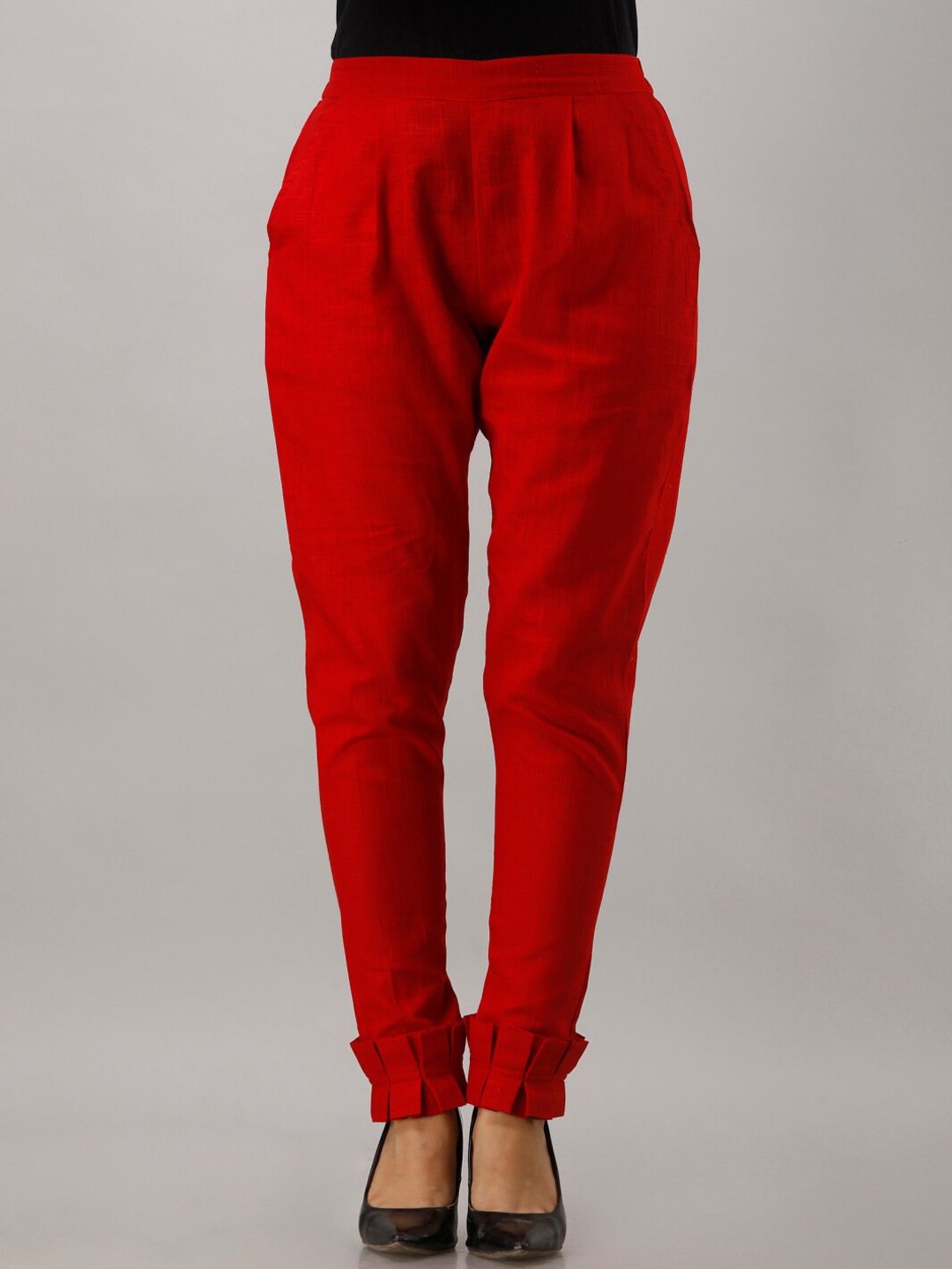 

KALINI Women Mid-Rise Pleated Cotton Trousers, Red