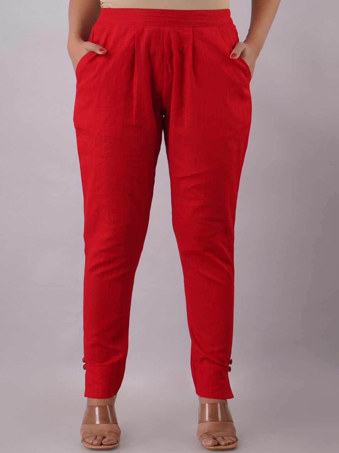 

KALINI Women Cotton Slim Fit Mid-Rise Cigarette Trousers, Red