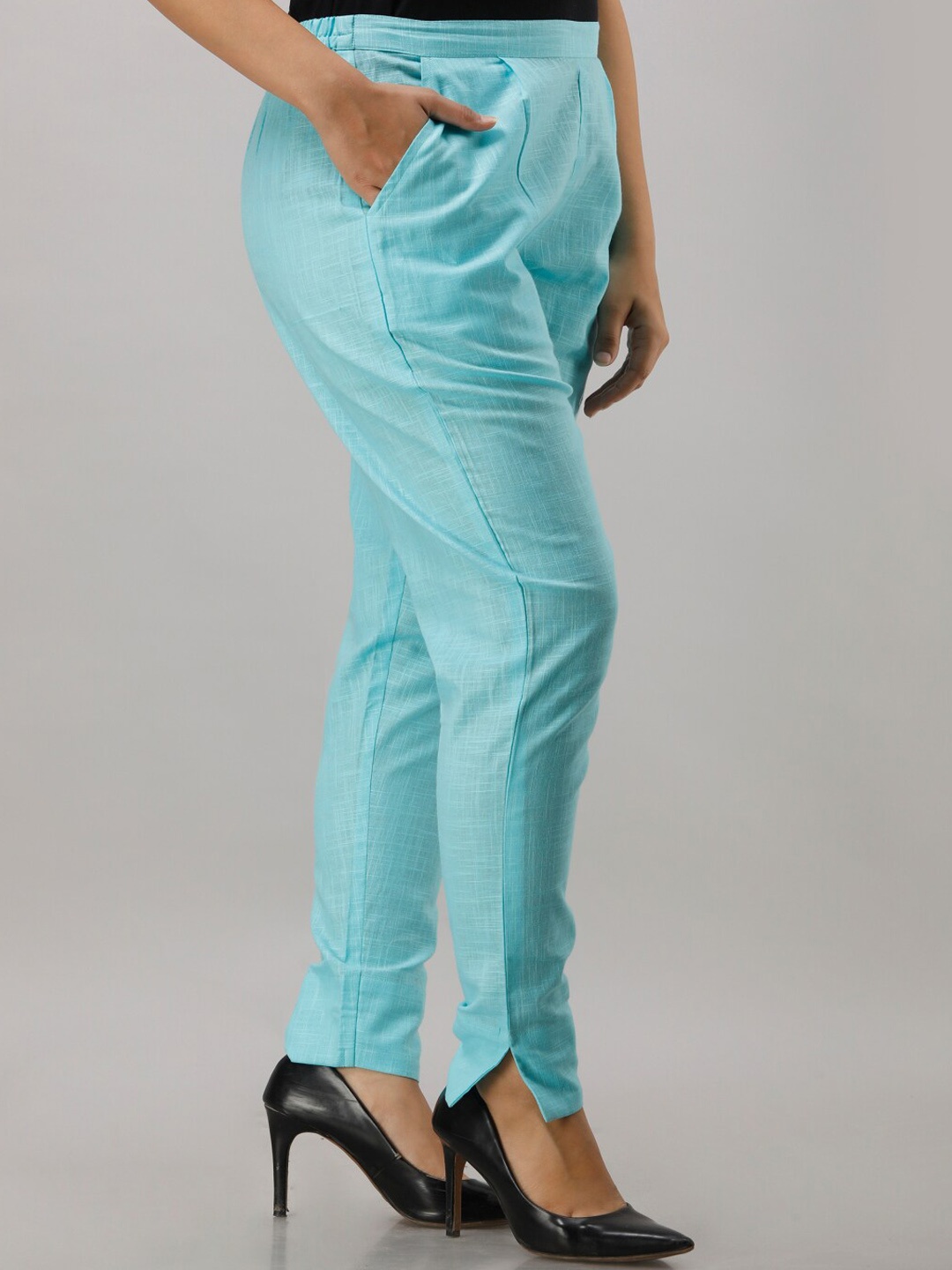 

KALINI Women Mid Rise Ankle Cut Out Cotton Slip-On Trousers, Blue