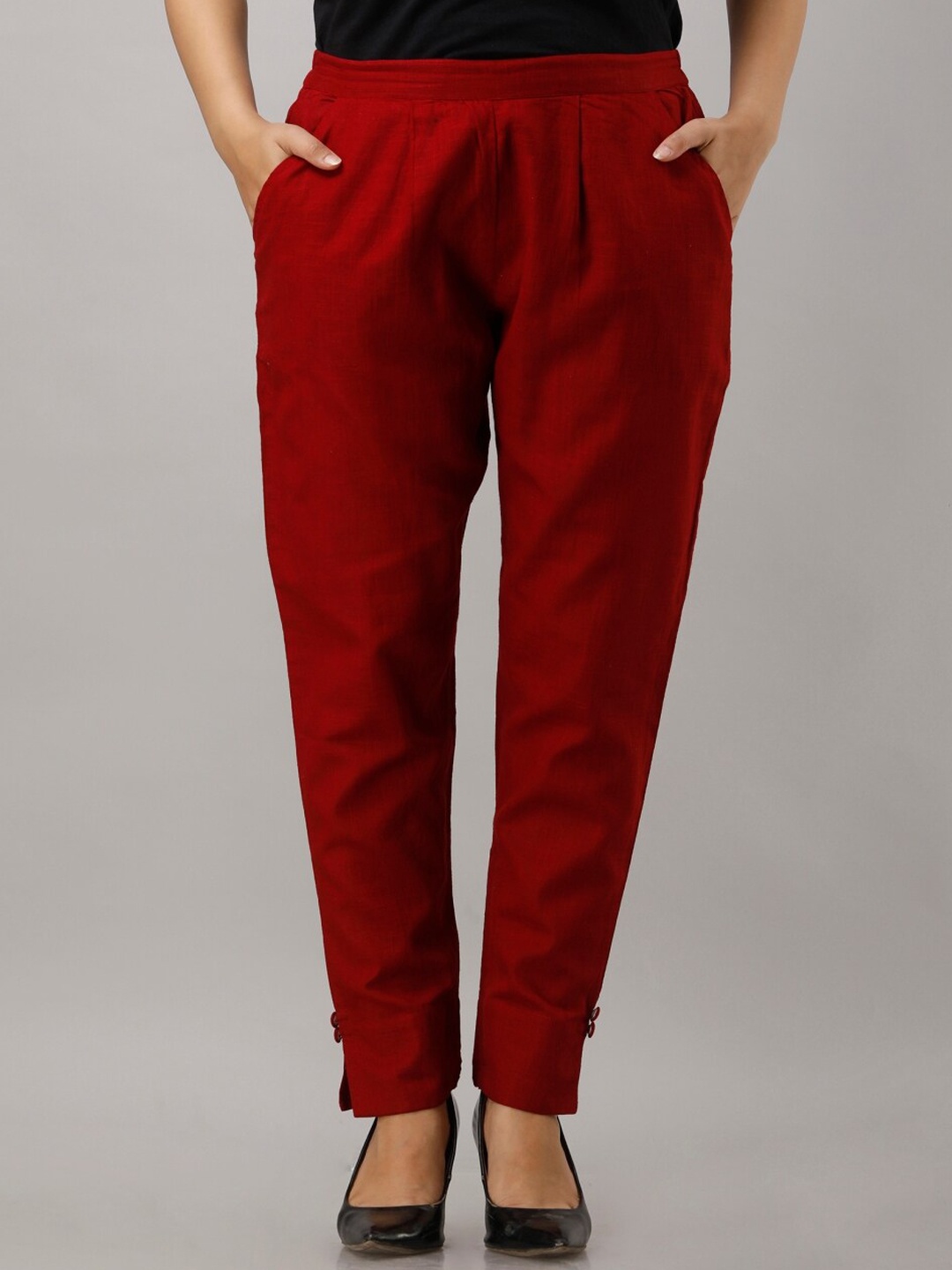 

KALINI Women Mid Rise Ankle Cut Out Cotton Slip-On Trousers, Red