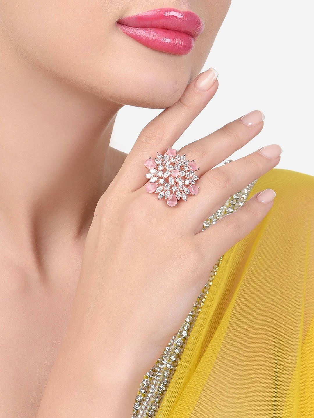 

Zaveri Pearls Rose Gold-Plated CZ-Studded Adjustable Finger Rings, Pink