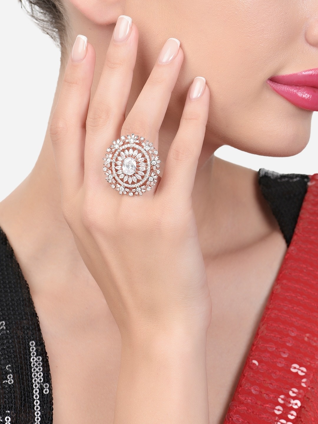 

Zaveri Pearls Rose Gold-Plated CZ-Studded Adjustable Finger Rings, White