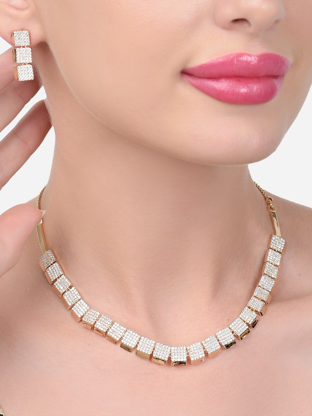 

Zaveri Pearls Gold-Plated CZ-Studded Necklace and Earrings, White