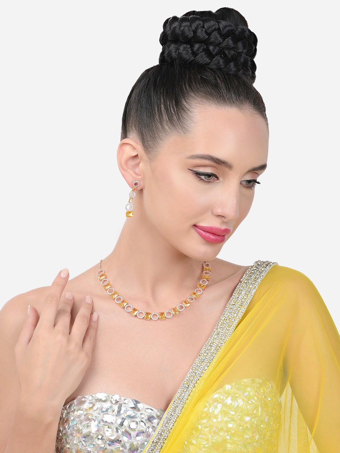 

Zaveri Pearls Rose Gold-Plated CZ Studded Necklace and Earrings, Yellow