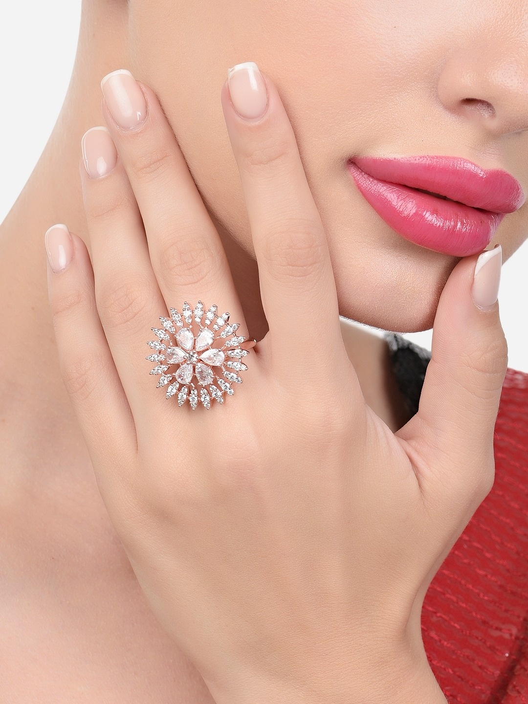 

Zaveri Pearls Rose Gold-Plated Cubic Zirconia-Studded Finger Ring, White