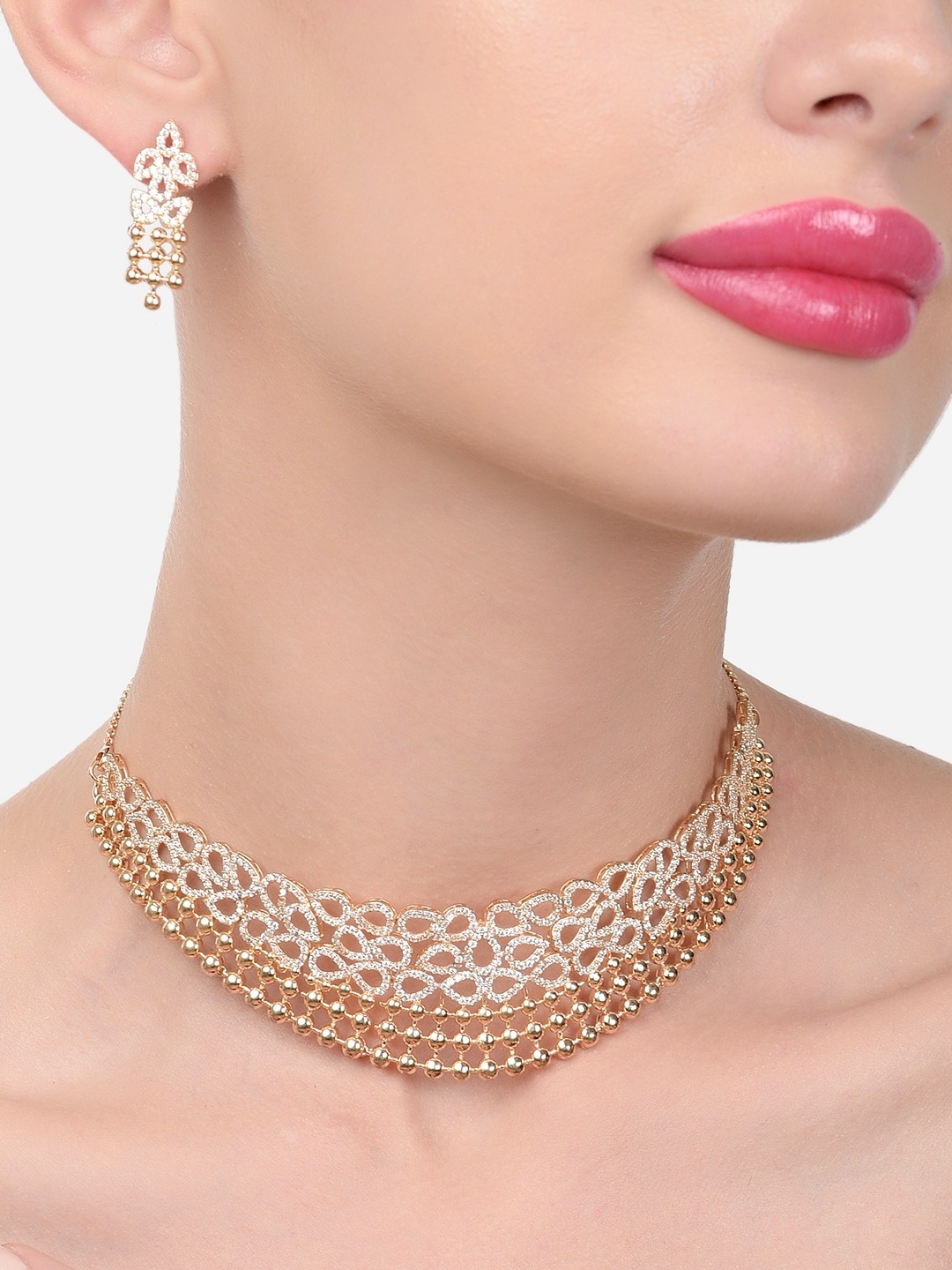 

Zaveri Pearls Gold-Plated CZ-Studded Necklace and Earrings, White