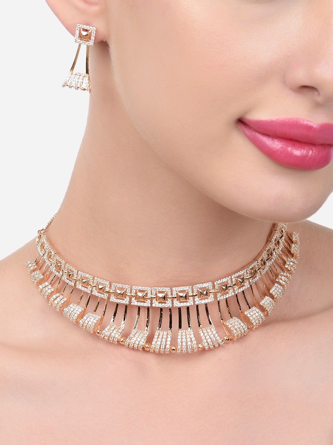 

Zaveri Pearls Gold-Plated CZ Studded Choker Necklace and Earrings, White