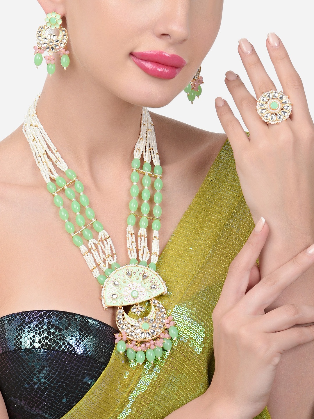 

Zaveri Pearls Gold-Plated Kundan-Studded & Beaded Necklace and Earrings & with Finger Ring, Sea green